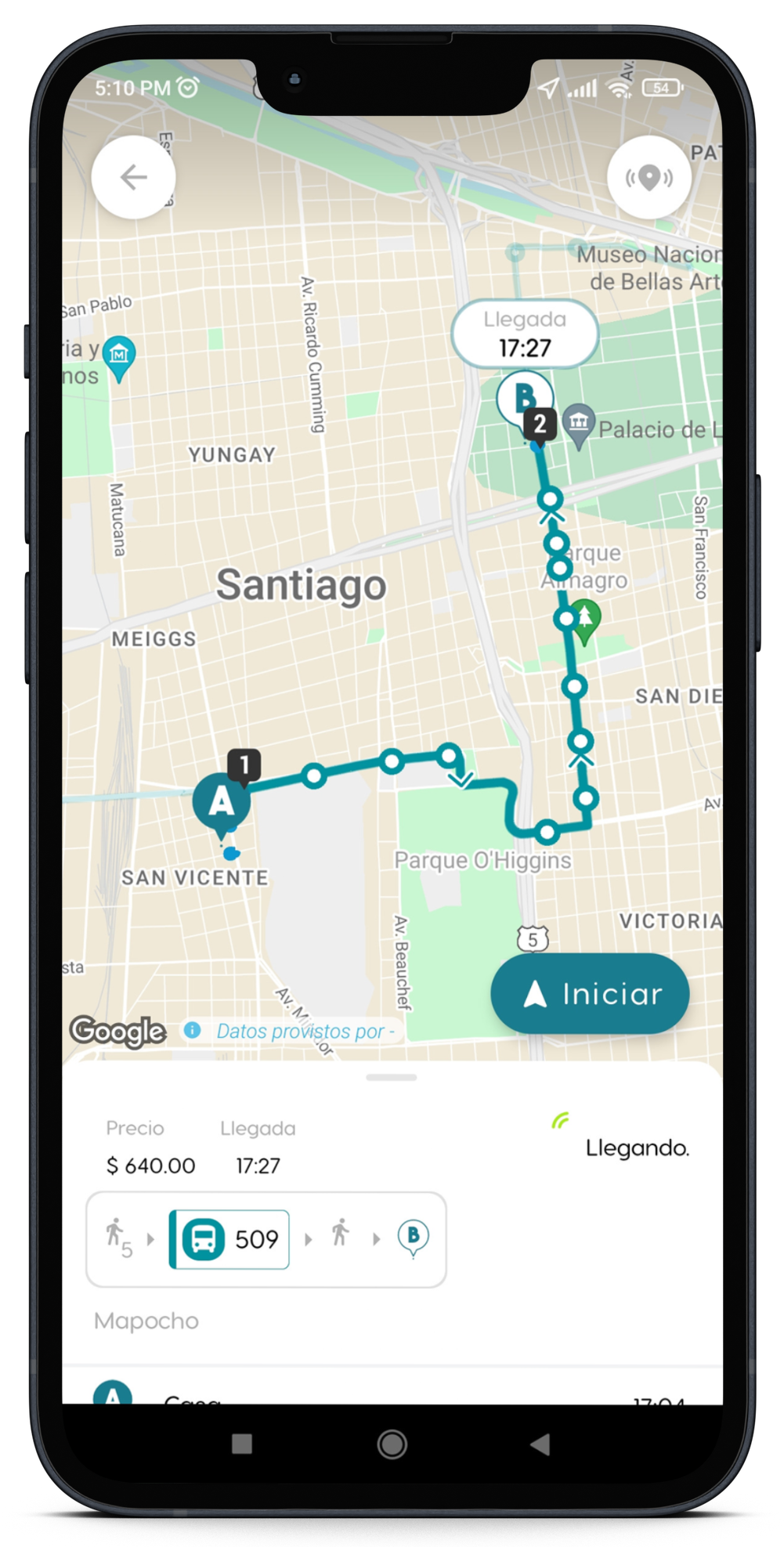 Captura de la aplicación Android de Ualabee. Muestra la información de un recorrido desde un punto A a un punto B en la ciudad de Buenos Aires, Argentina
