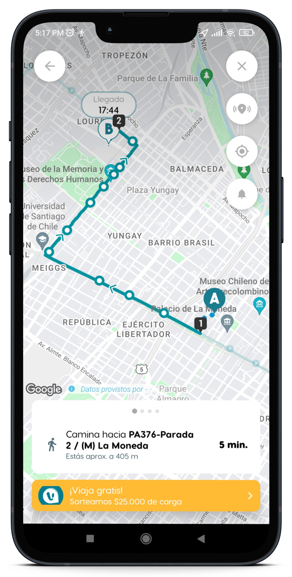 captura de la aplicación Android de Ualabee. Muestra la información de un recorrido desde un punto A a un punto B en la ciudad de Buenos Aires, Argentina