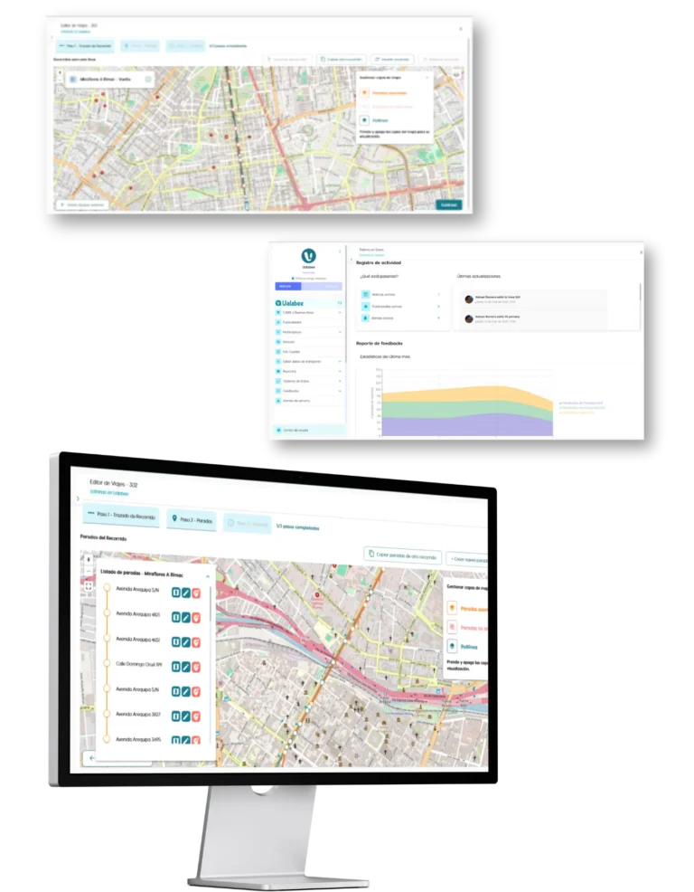Mockup de GTFS data studio que muestra 3 pantallas de la aplicación
